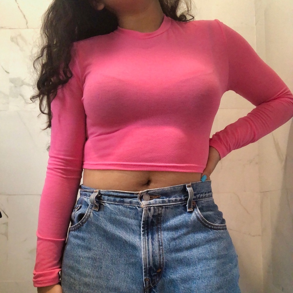 Neon pink sheer crop top